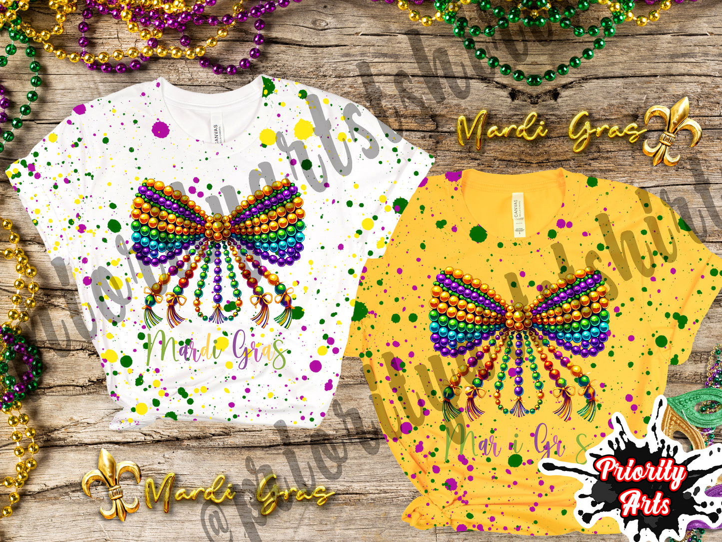 Mardi Gras Bow Beads Splatter Shirt