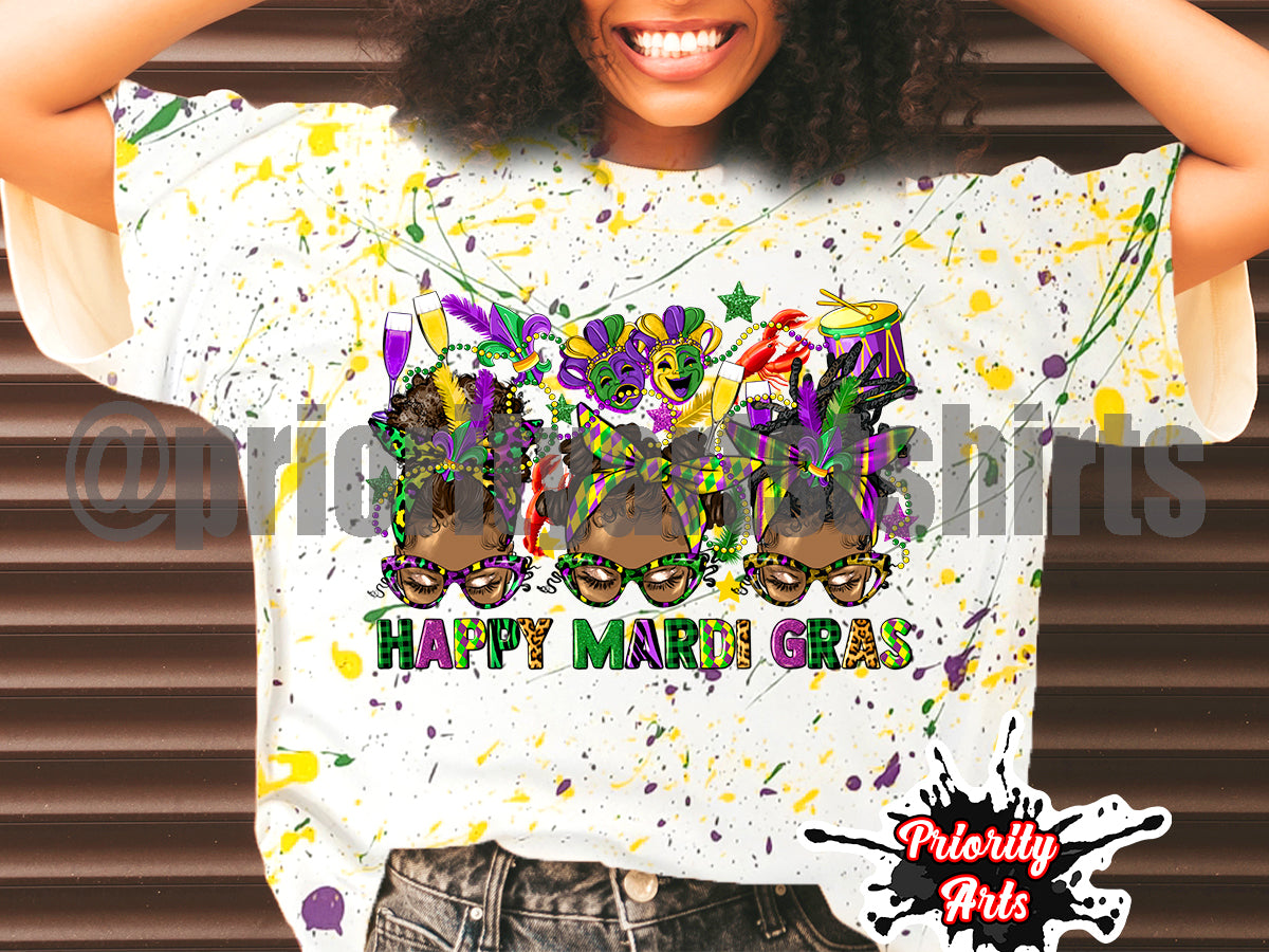 Happy Mardi Gras Messy Hair Bun Splatter Shirt