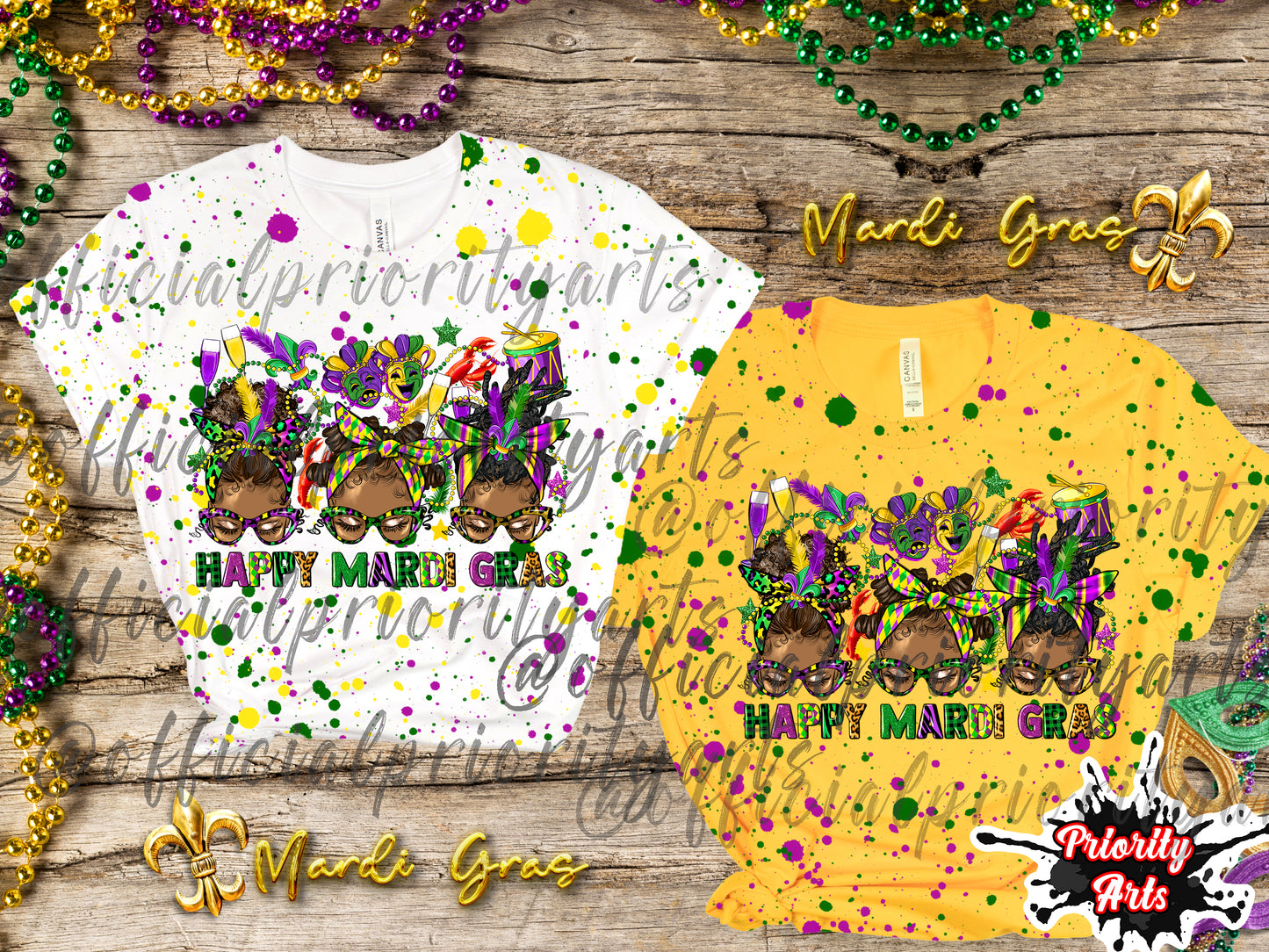 Happy Mardi Gras Messy Hair Bun Splatter Shirt