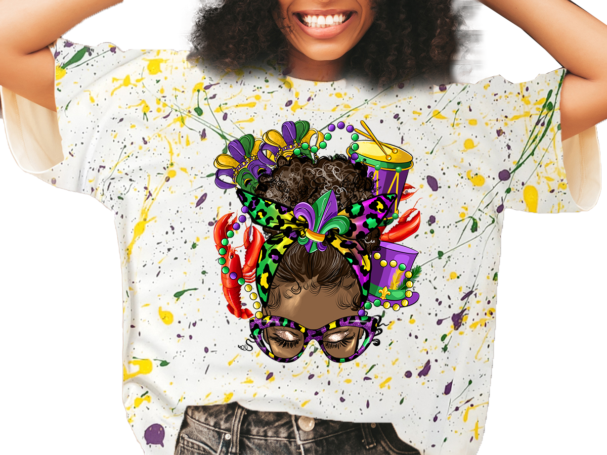 Mardi Gras Messy Hair Bun Splatter Shirt