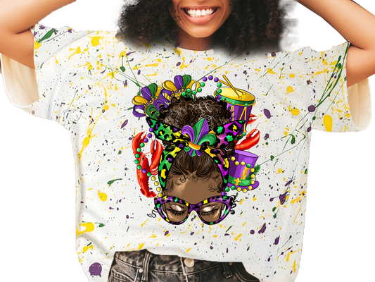 Mardi Gras Messy Hair Bun Splatter Shirt