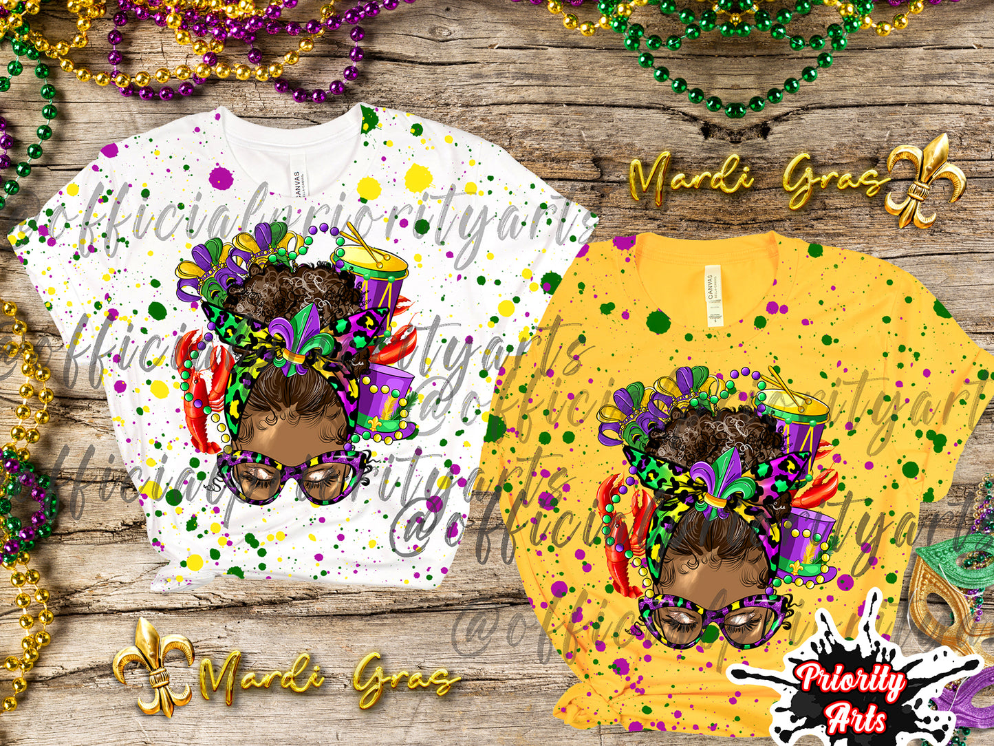 Mardi Gras Messy Hair Bun Splatter Shirt