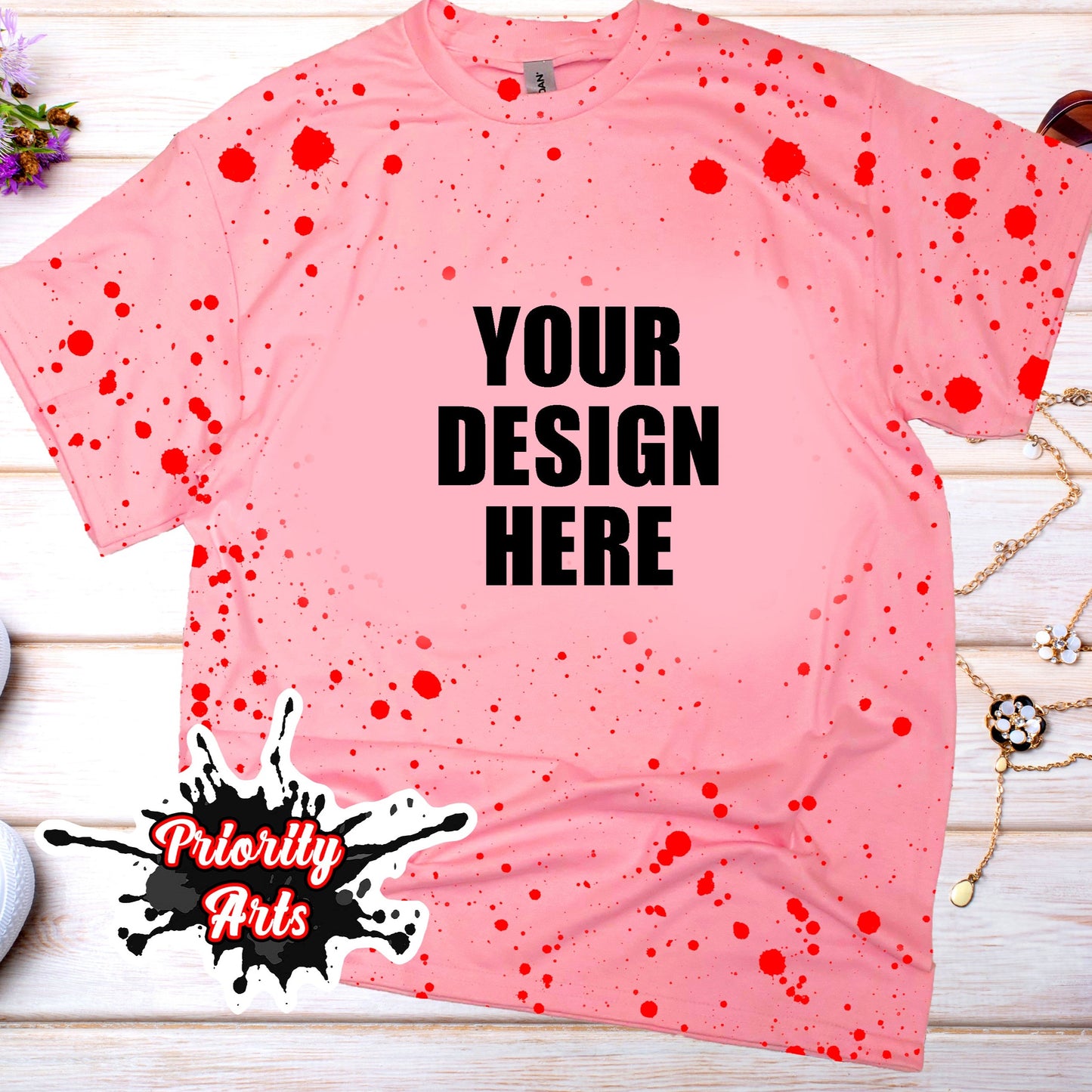 Pink Shirt, Red Splatter paint Blank